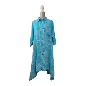 Puro Lino Aqua Blue Women's 100% Linen Floral MEDIUM High Low Italy Lagenlook